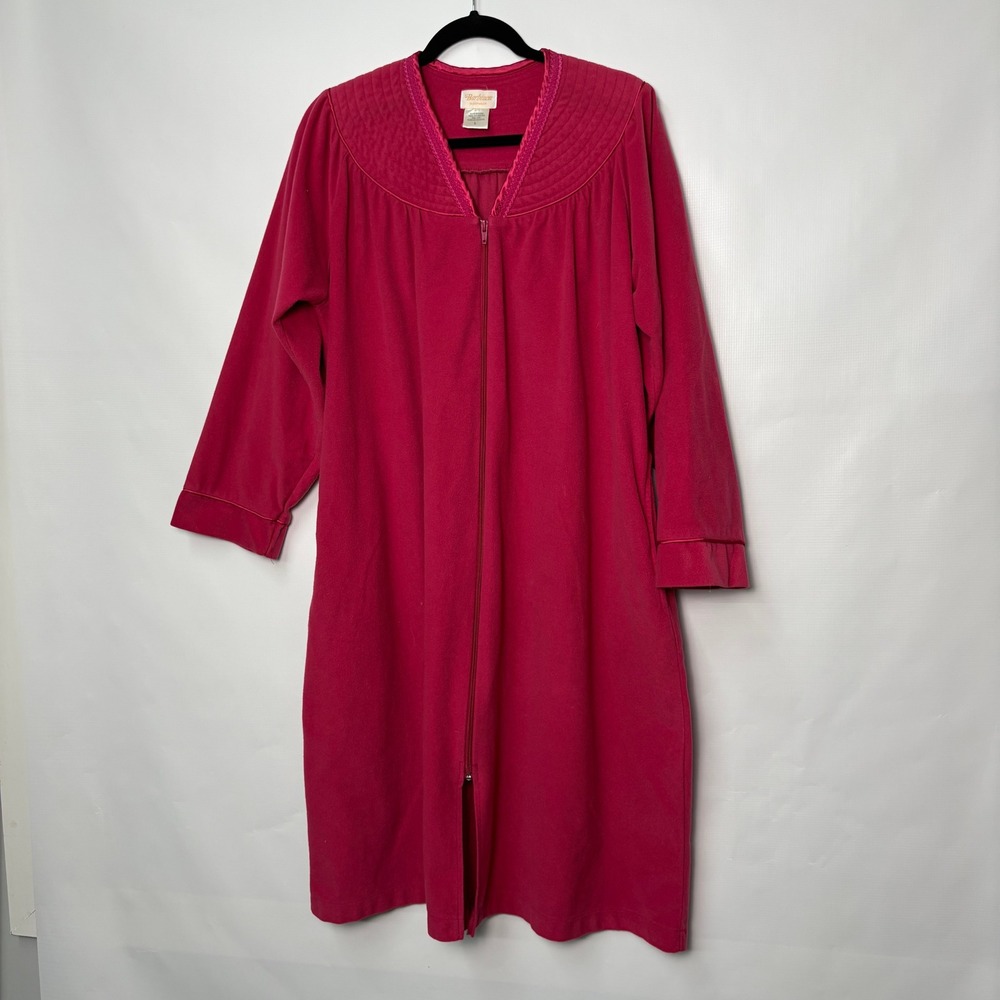 Vtg Pink Fleece Zip Front Robe Long Sleeve Quilted Yoke Housecoat Large Granny